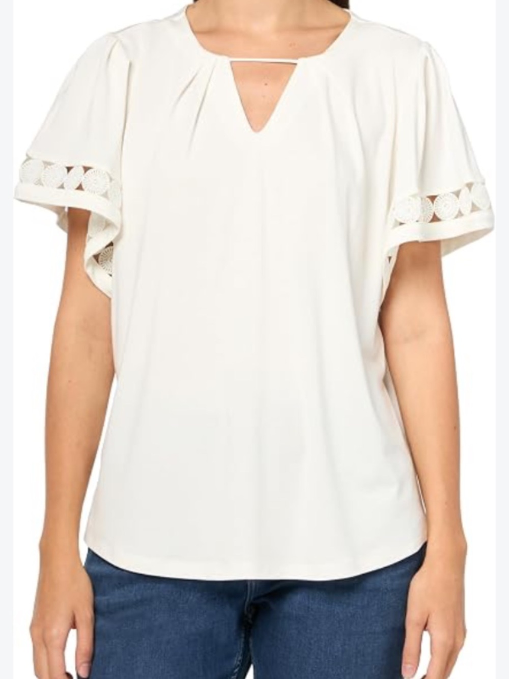 Anne Klein Cream Short-Sleeve Eyelet Trim Top
